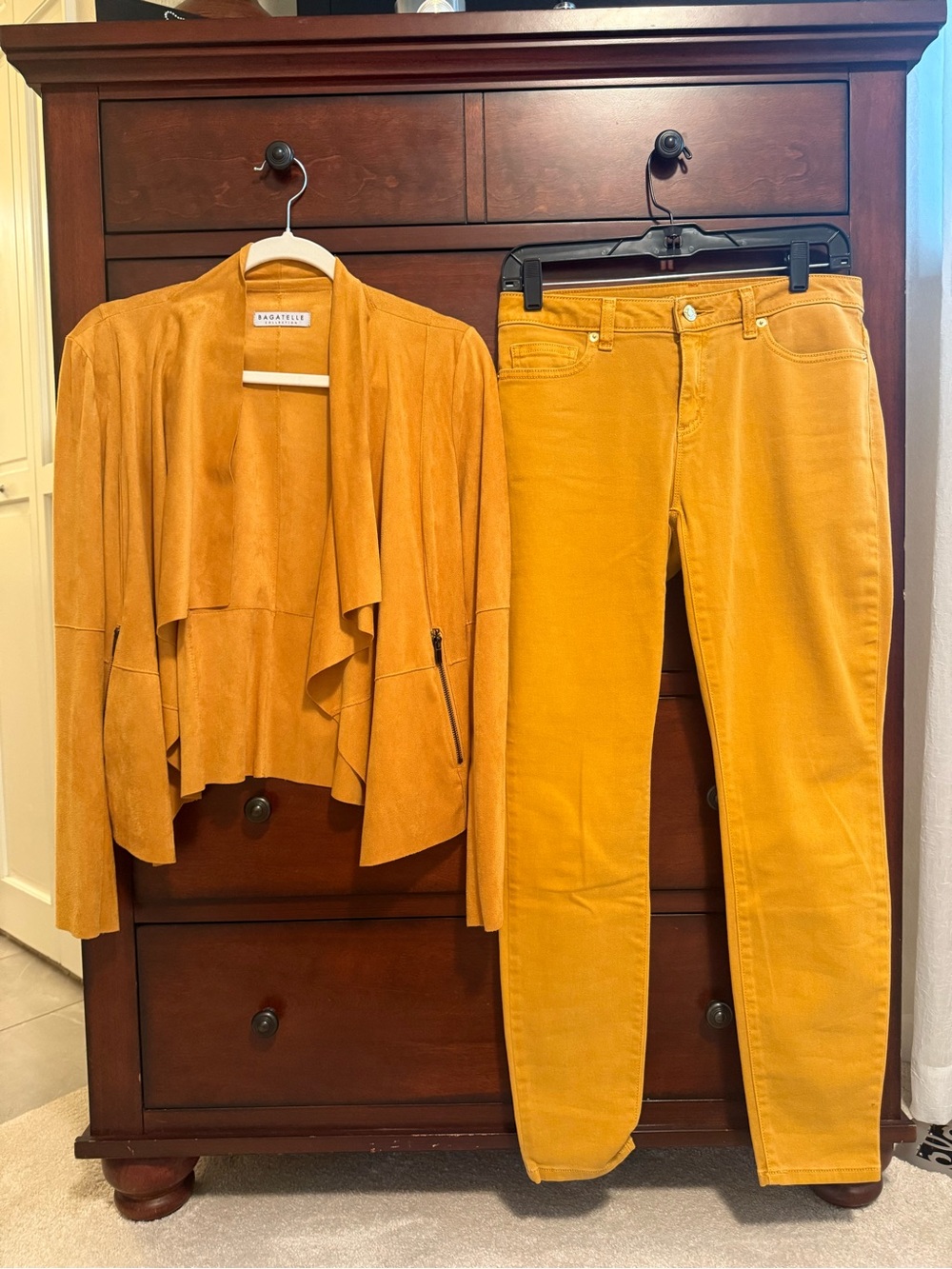 bagatelle Mustard Suede-Look Draped Jacket with Mustard Skinny Pants